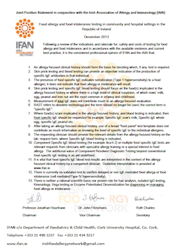 Joint Position Statement on Food allergy and food intolerance testing in community and hospital settings in the Republic of Ireland